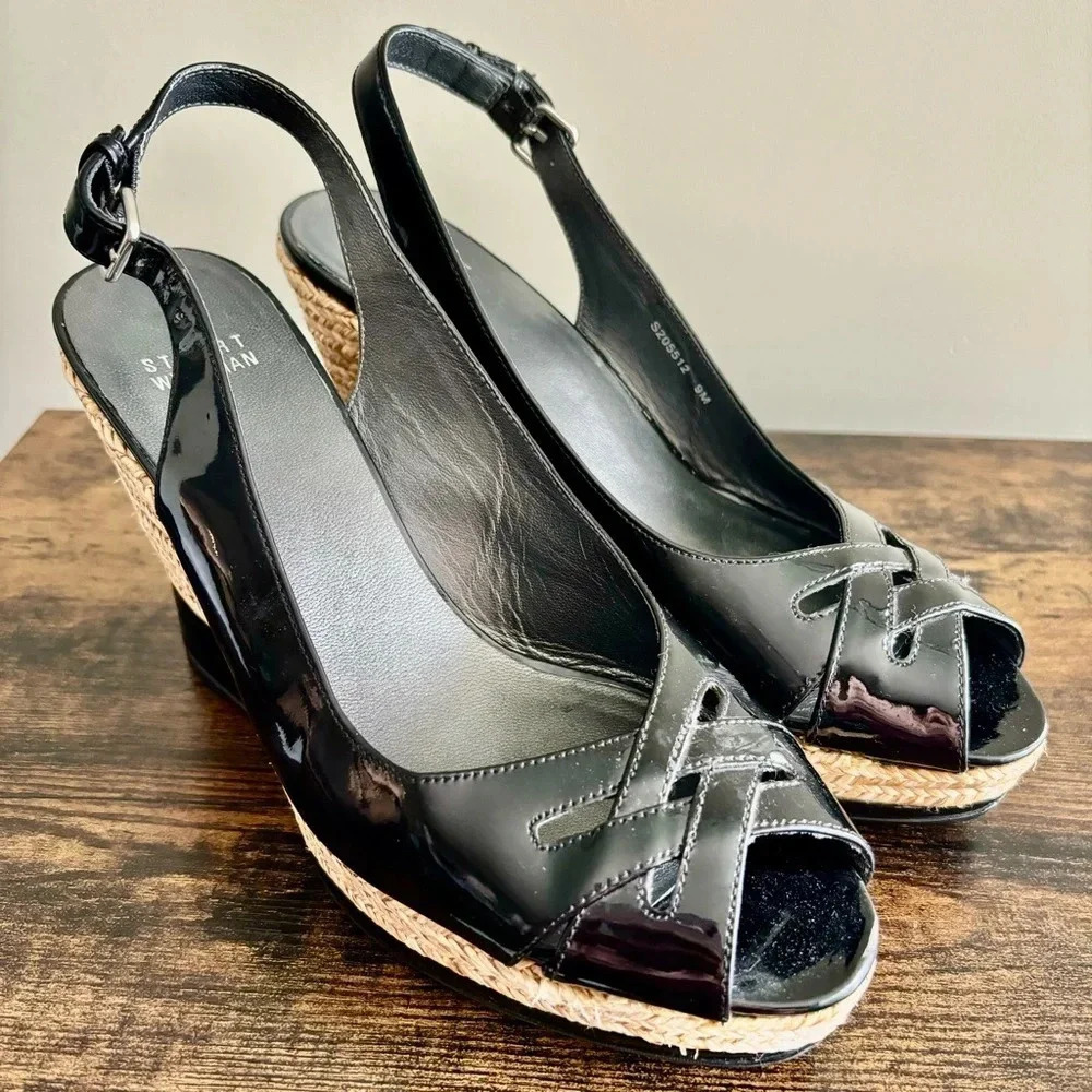 Stuart Weitzman|‎ Black Patent Espadrille Wedges w/Peep Toe Sz9